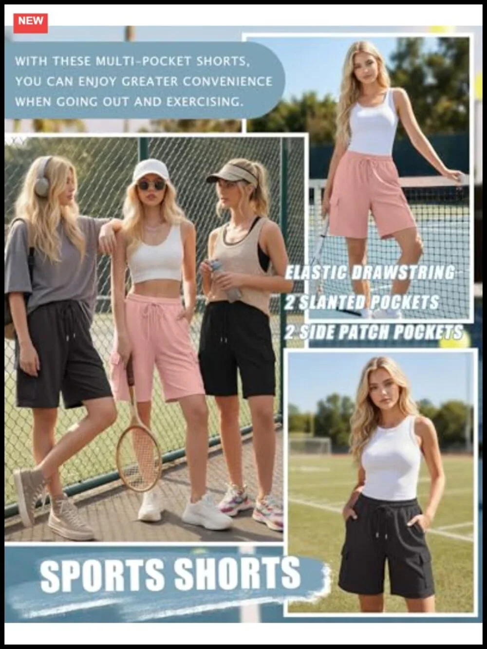Women's Cargo Bermuda Shorts 3-Pack Cotton Polyester Drawstring Knee Length